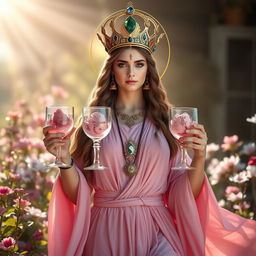 A captivating goddess of connection, portrayed front on, gracefully holding two goblets adorned with rose quartz and rhodonite, symbolizing love and harmony