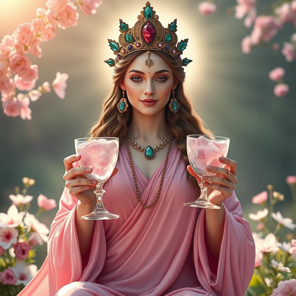 A captivating goddess of connection, portrayed front on, gracefully holding two goblets adorned with rose quartz and rhodonite, symbolizing love and harmony