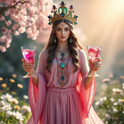 A captivating goddess of connection, portrayed front on, gracefully holding two goblets adorned with rose quartz and rhodonite, symbolizing love and harmony