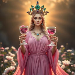 A captivating goddess of connection, portrayed front on, gracefully holding two goblets adorned with rose quartz and rhodonite, symbolizing love and harmony