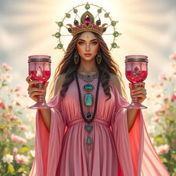 A captivating goddess of connection, portrayed front on, gracefully holding two goblets adorned with rose quartz and rhodonite, symbolizing love and harmony