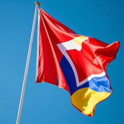 A vivid, vibrant flag waving proudly in the gentle wind, set against a clear blue sky