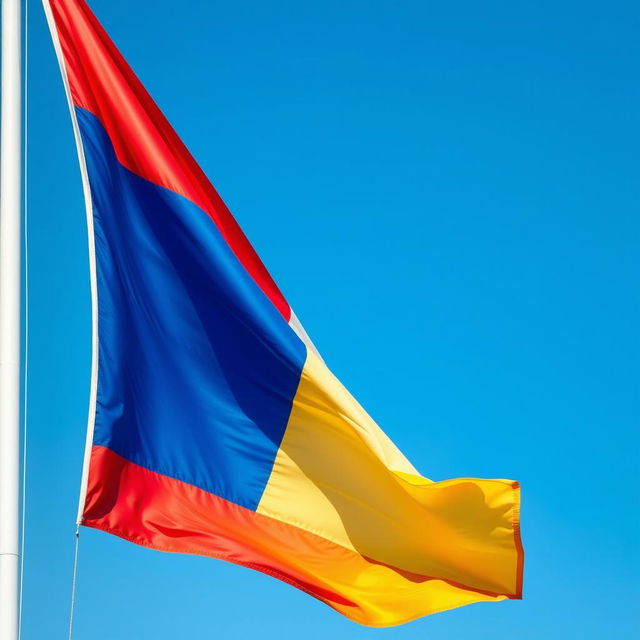 A vivid, vibrant flag waving proudly in the gentle wind, set against a clear blue sky