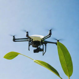 A high-tech drone suspended in a clear sky, delicately carrying a vibrant green leaf