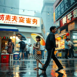 A vibrant scene set in August, depicting an Asian girl standing in front of a bustling supermarket