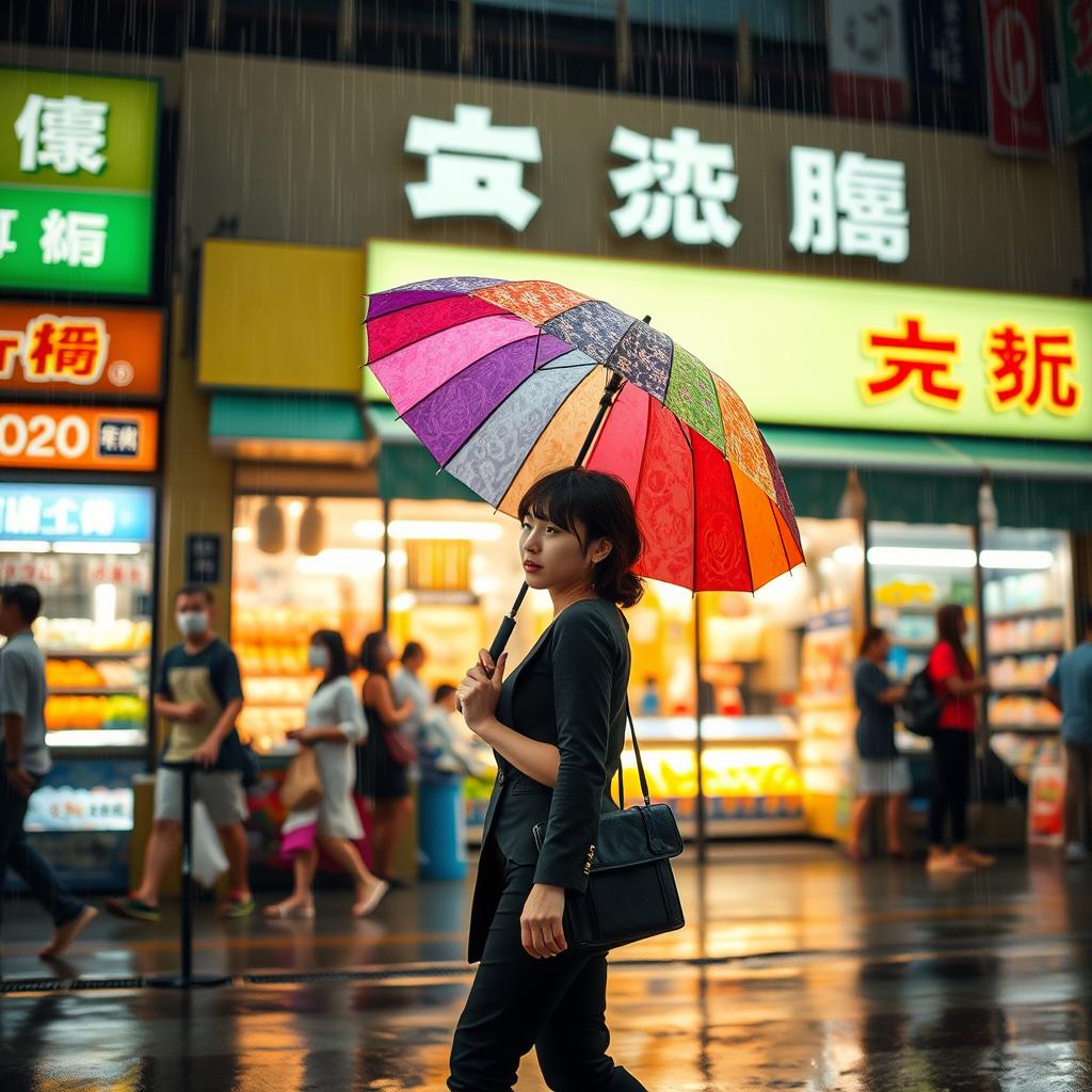 A vibrant scene set in August, depicting an Asian girl standing in front of a bustling supermarket