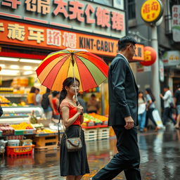 A vibrant scene set in August, depicting an Asian girl standing in front of a bustling supermarket