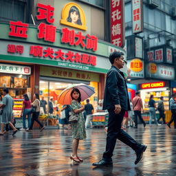 A vibrant scene set in August, depicting an Asian girl standing in front of a bustling supermarket