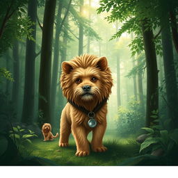 A creative depiction of an animal that is a mix between a Yorkshire Terrier and a lion, set in a lush green forest