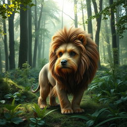 A creative depiction of an animal that is a mix between a Yorkshire Terrier and a lion, set in a lush green forest