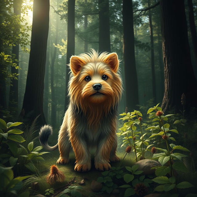 A creative depiction of an animal that is a mix between a Yorkshire Terrier and a lion, set in a lush green forest