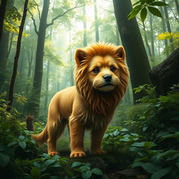 A creative depiction of an animal that is a mix between a Yorkshire Terrier and a lion, set in a lush green forest