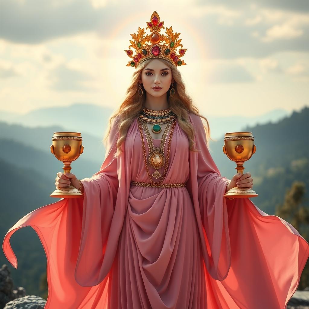 A magnificent goddess of connection, shown front on, holding three golden goblets adorned with carnelian and green aventurine, embodying strength and harmony