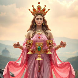 A magnificent goddess of connection, shown front on, holding three golden goblets adorned with carnelian and green aventurine, embodying strength and harmony