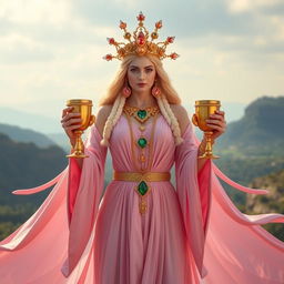 A magnificent goddess of connection, shown front on, holding three golden goblets adorned with carnelian and green aventurine, embodying strength and harmony