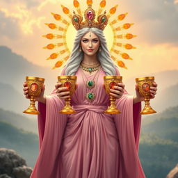 A magnificent goddess of connection, shown front on, holding three golden goblets adorned with carnelian and green aventurine, embodying strength and harmony