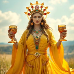 A mesmerizing goddess of connection, shown front on, holding three golden goblets adorned with carnelian and green aventurine, symbolizing unity and strength