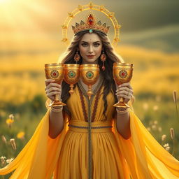 A mesmerizing goddess of connection, shown front on, holding three golden goblets adorned with carnelian and green aventurine, symbolizing unity and strength