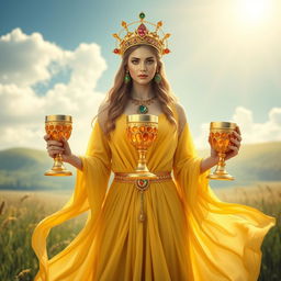 A mesmerizing goddess of connection, shown front on, holding three golden goblets adorned with carnelian and green aventurine, symbolizing unity and strength