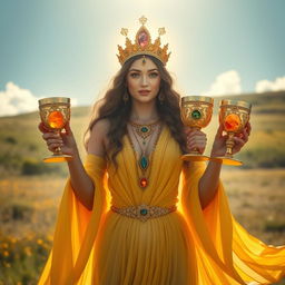 A mesmerizing goddess of connection, shown front on, holding three golden goblets adorned with carnelian and green aventurine, symbolizing unity and strength