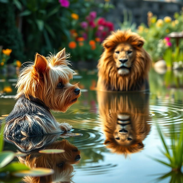 A Yorkshire Terrier looking at its reflection in a clear pond, with the reflection showing a majestic lion