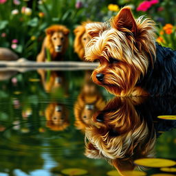 A Yorkshire Terrier looking at its reflection in a clear pond, with the reflection showing a majestic lion