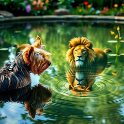 A Yorkshire Terrier looking at its reflection in a clear pond, with the reflection showing a majestic lion