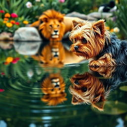 A Yorkshire Terrier looking at its reflection in a clear pond, with the reflection showing a majestic lion