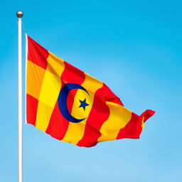 A vibrant flag with alternating red and yellow horizontal stripes, incorporating a crescent moon and star design in blue in the center