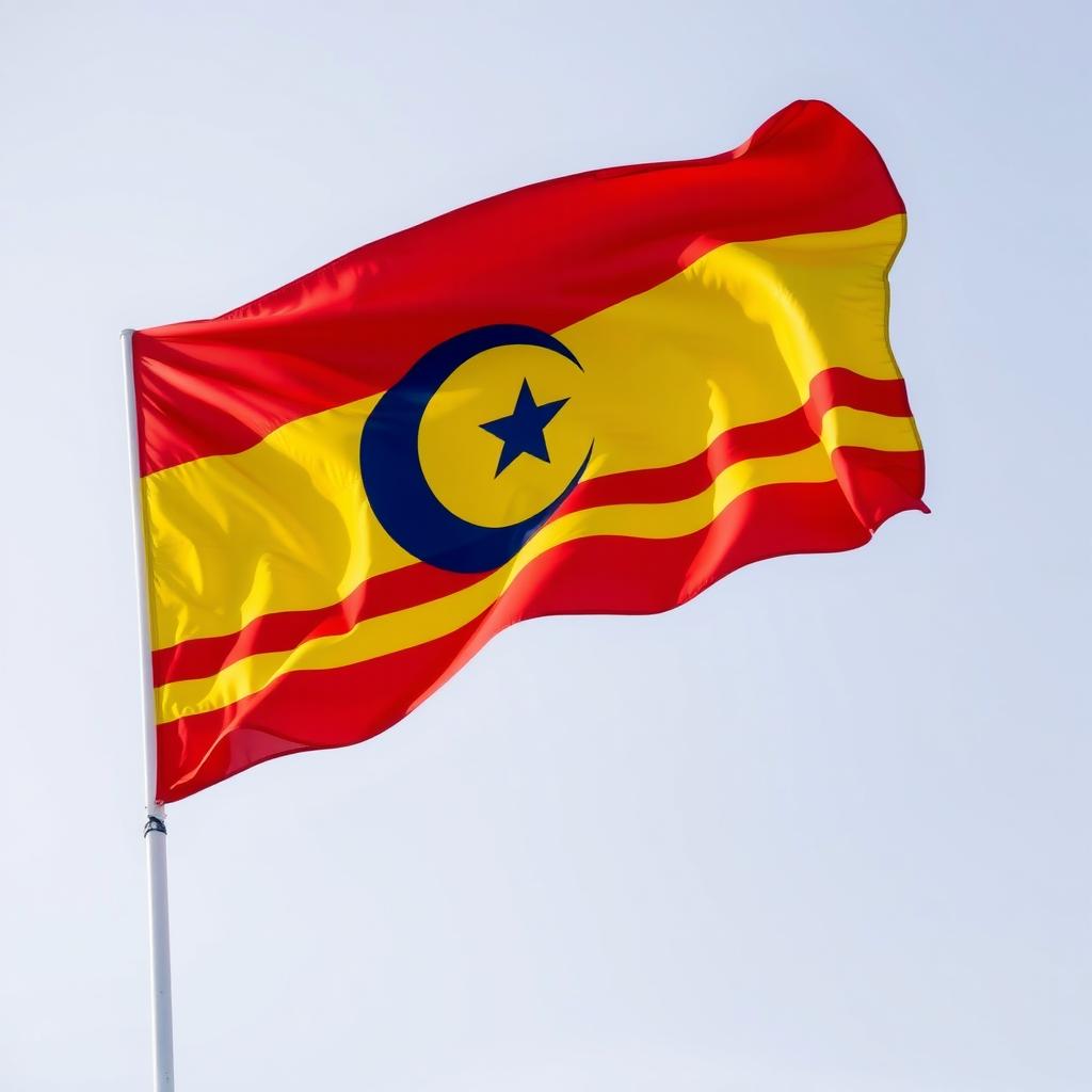 A vibrant flag with alternating red and yellow horizontal stripes, incorporating a crescent moon and star design in blue in the center