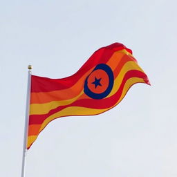 A vibrant flag with alternating red and yellow horizontal stripes, incorporating a crescent moon and star design in blue in the center