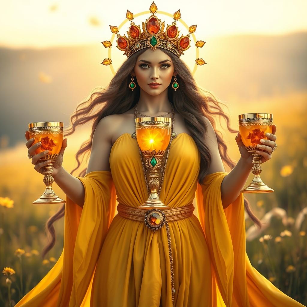 A mesmerizing goddess of connection, shown front on, holding three golden goblets adorned with carnelian and green aventurine, symbolizing unity and strength