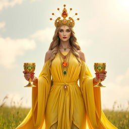 A mesmerizing goddess of connection, shown front on, holding three golden goblets adorned with carnelian and green aventurine, symbolizing unity and strength