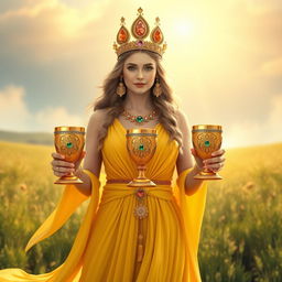 A mesmerizing goddess of connection, shown front on, holding three golden goblets adorned with carnelian and green aventurine, symbolizing unity and strength