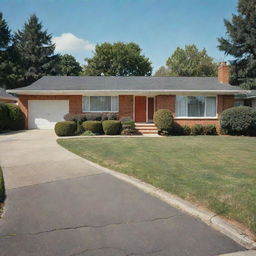 A vintage 1960s suburban house with a neatly paved driveway, styled as a phone wallpaper.