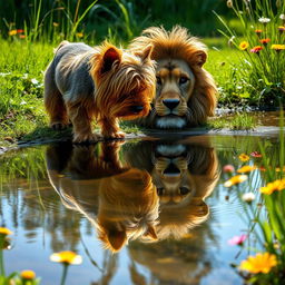 A Yorkshire Terrier looking into a clear pond, with its reflection revealing it as a majestic lion