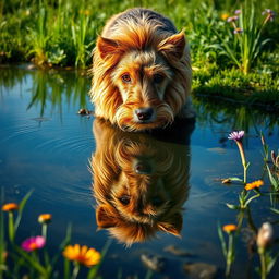 A Yorkshire Terrier looking into a clear pond, with its reflection revealing it as a majestic lion