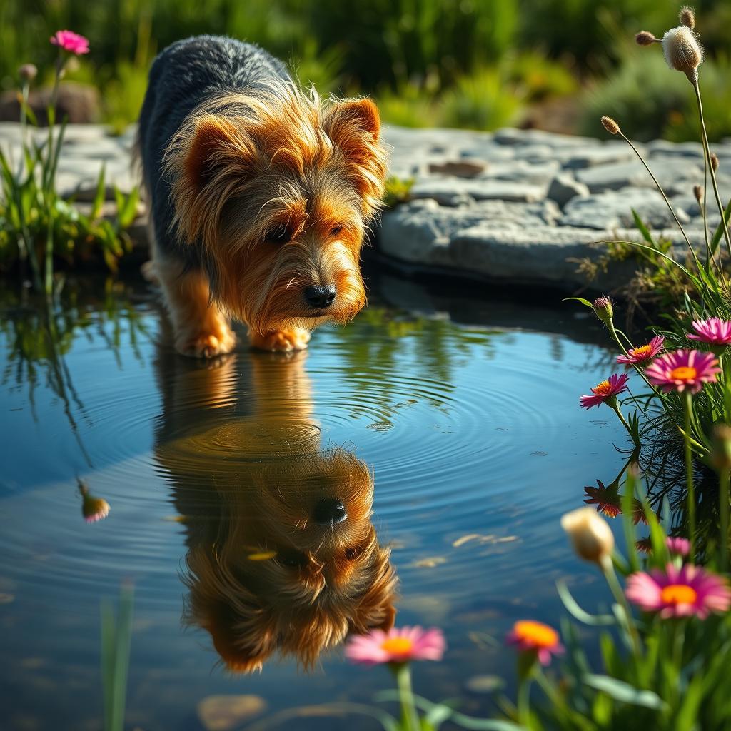 A Yorkshire Terrier looking into a clear pond, with its reflection revealing it as a majestic lion