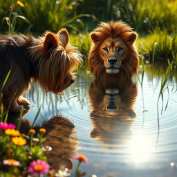 A Yorkshire Terrier looking into a clear pond, with its reflection revealing it as a majestic lion