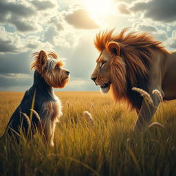 A dramatic scene depicting a Yorkshire Terrier courageously confronting a lion in an open grassy plain