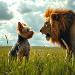 A dramatic scene depicting a Yorkshire Terrier courageously confronting a lion in an open grassy plain