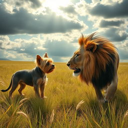 A dramatic scene depicting a Yorkshire Terrier courageously confronting a lion in an open grassy plain