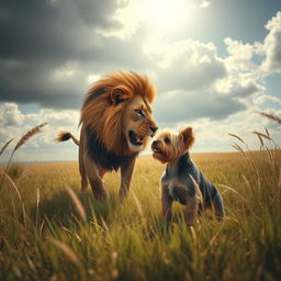 A dramatic scene depicting a Yorkshire Terrier courageously confronting a lion in an open grassy plain