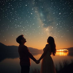 A romantic night under a starry sky, depicting a couple who have rekindled love