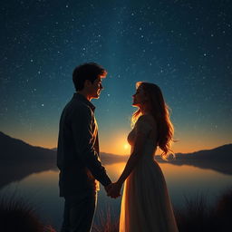 A romantic night under a starry sky, depicting a couple who have rekindled love