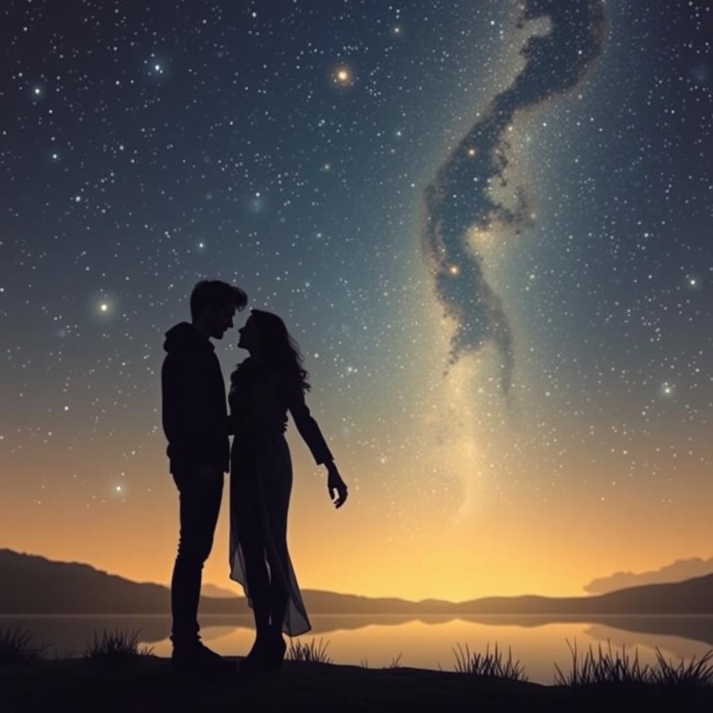 A romantic night under a starry sky, depicting a couple who have rekindled love