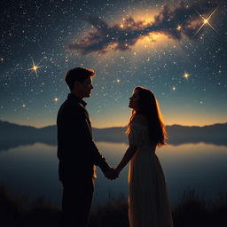 A romantic night under a starry sky, depicting a couple who have rekindled love