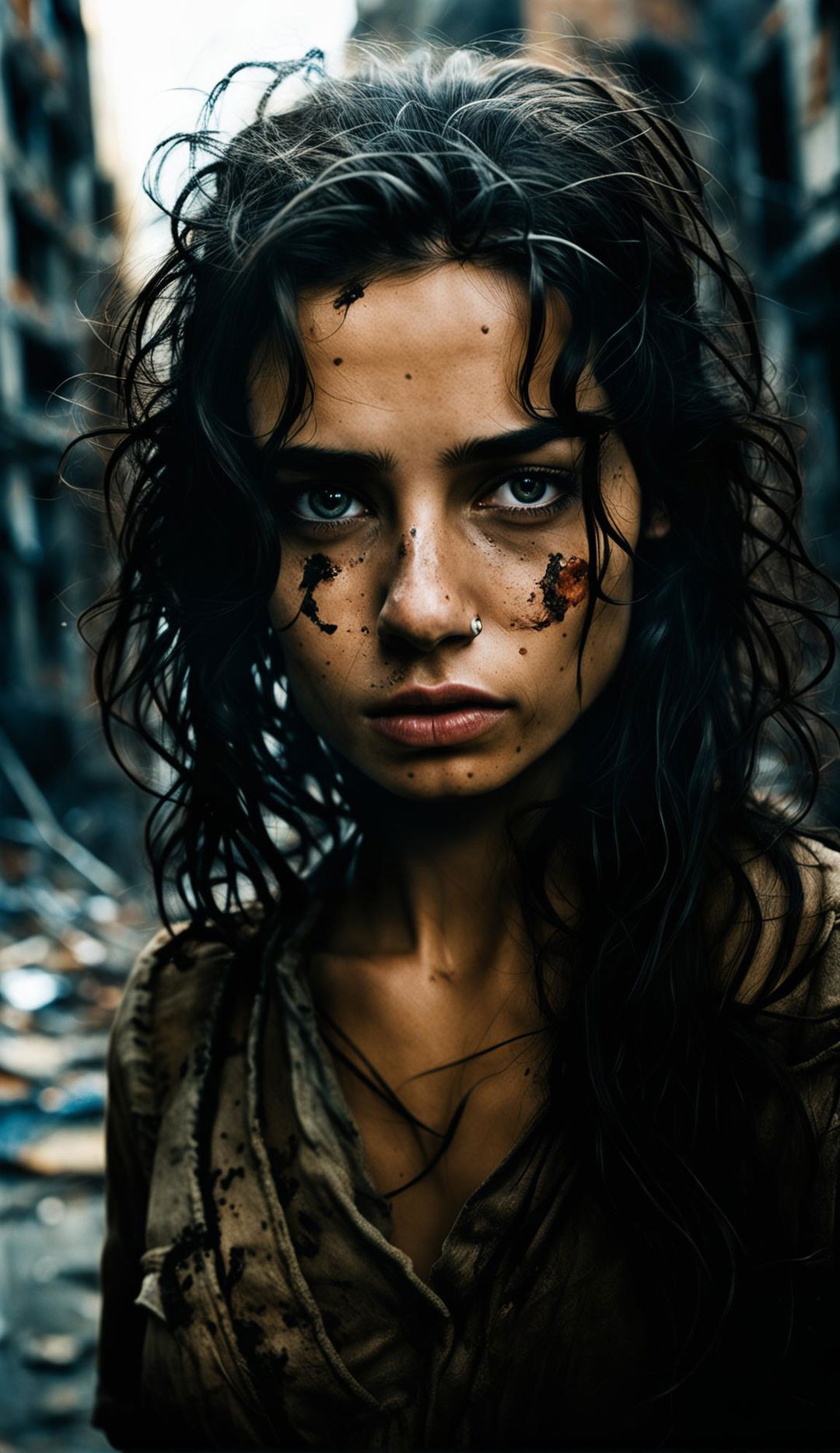 16k resolution photograph of an emotive 23-year-old woman with hazel eyes and round pupils, messy dark hair, set against a war-torn background. The image is low-lit and sharply focussed on her symmetrical face, reminiscent of James Nachtwey's photography.