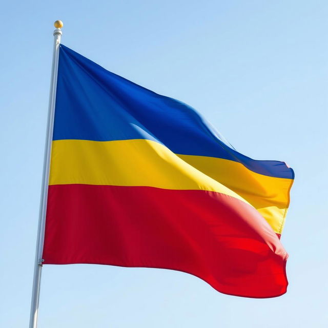 A vibrant flag design featuring bold stripes of blue, yellow, and red