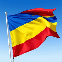 A vibrant flag design featuring bold stripes of blue, yellow, and red